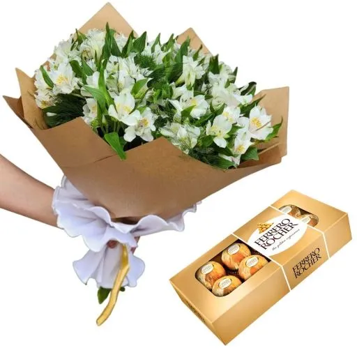 Ramo de flores astromelias blancas con bombones rocher